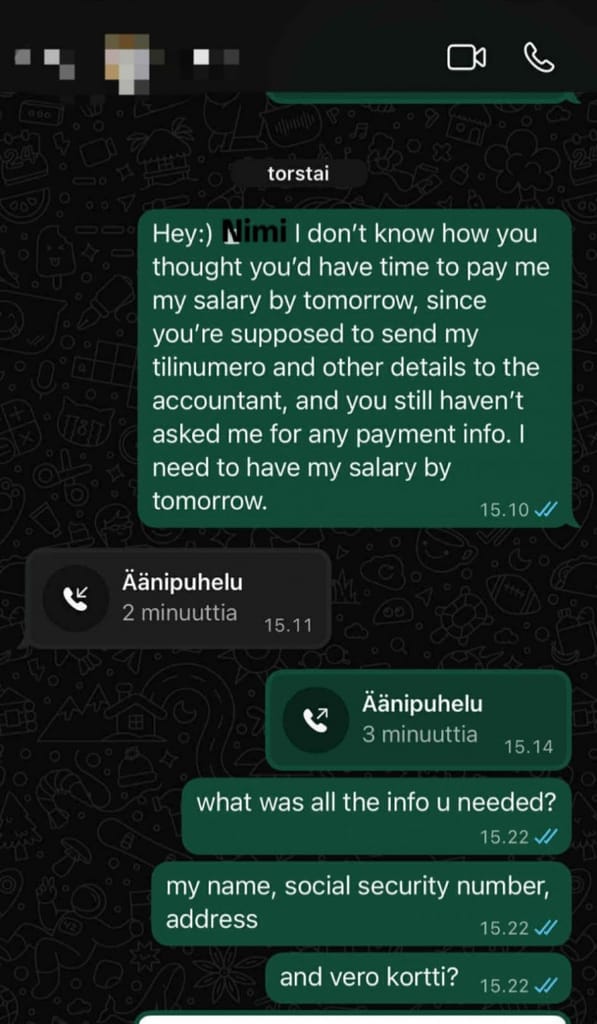 Kuvankaappaus Demin ja työnantajan välisestä viestiketjusta.