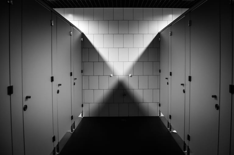 Yleinen wc-tila, monia wc-koppeja vastakkain. Tummasävyinen kuva.