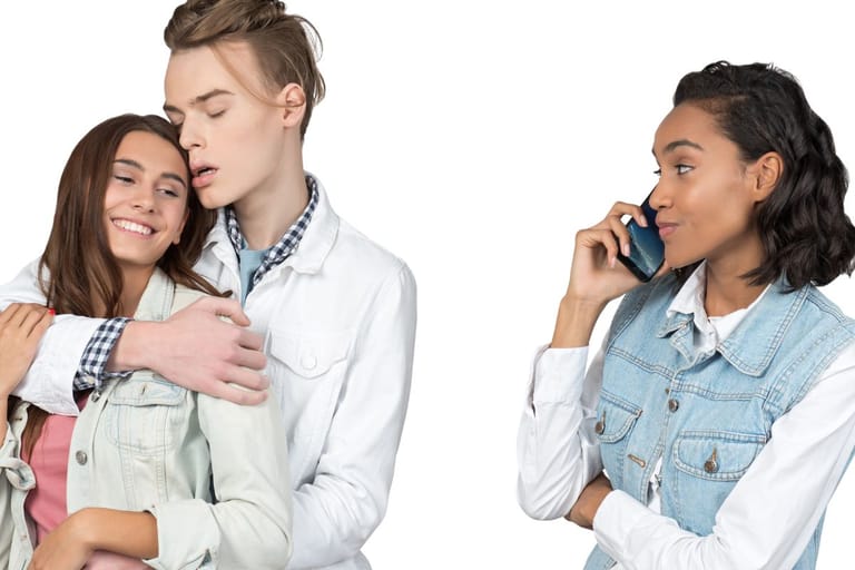 Kolmas pyörä. Valkealla pohjalla oleva kuvituskuva pariskunnasta ja kolmannesta pyörästä