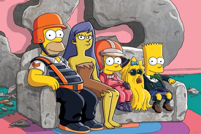 Simpsoneiden pressikuva jossa simpsoneiden keltainen perhe istuu olohuoneen sohvalla 35 kausi