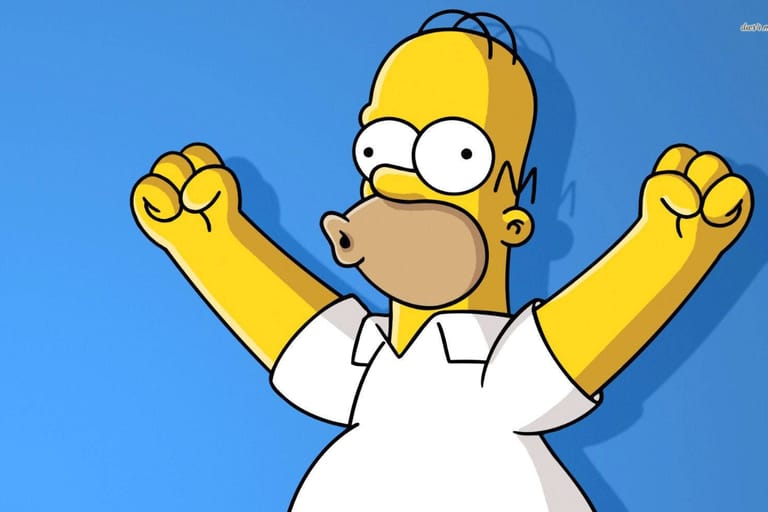 Homer Simpson hurraa valkoisessa paidassa sinistä taustaa vasten