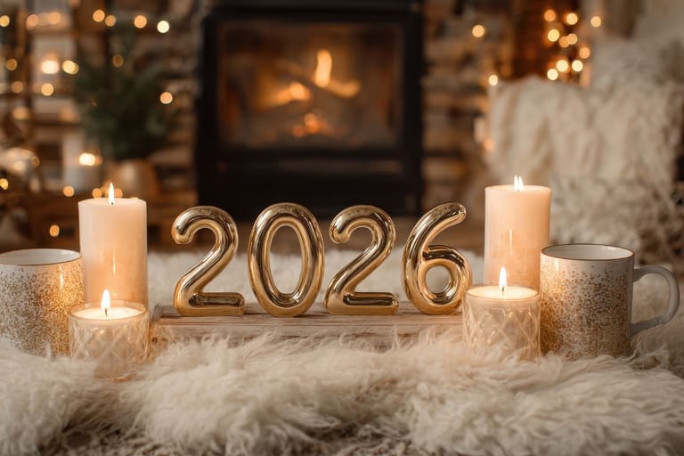 Hyvää uutta vuotta 2026. Kultaisin kynttiläkirjaimin kirjailtu uusi vuosi luku ja taustalla ihana takkakuvaelma joka on tunnelmallinen. Kuvituskuva uv artikkelille.