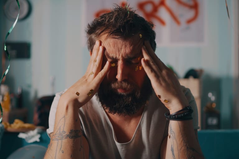 Parrakas mies istuu sotkuisessa huoneessa juhlan jälkeen ja painaa molempia käsiä ohimoilleen. Hänen silmänsä ovat kiinni ja ilme kivulias. Taustalla näkyy ilmapalloja, serpentiiniä ja hajallaan olevia juhlatavaroita.