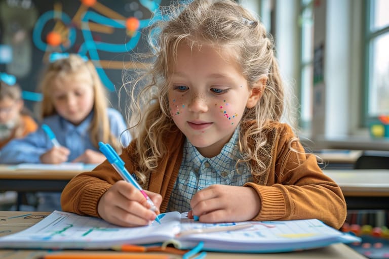 Alakouluikäinen tyttö istuu pulpetin ääressä keskittyneenä tehtäviin. Hänen kasvoillaan on kasvomaalaus ja hän katsoo kirjaansa.