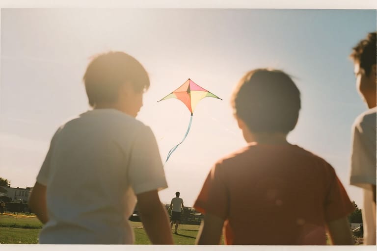 Selkäpuolelta otettu kuva kahdesta leijaa lennättävästä pikkupojasta. Kuva viittaa 80-lukuun.