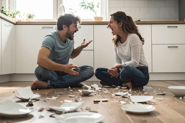 Nainen ja mies riitelevät keittiön lattialla rikkinäisten lautasten keskellä. Pariskunta huutaa toisilleen vihaisina.