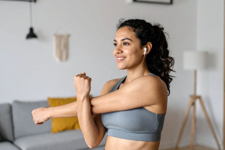 Hymyilevä nainen venyttelee käsivarttaan olohuoneessa urheilutoppi päällään; hänellä on langattomat kuulokkeet ja taustalla näkyy sohva sekä lattiavalaisin, mikä viittaa kotona tehtävään liikuntahetkeen.