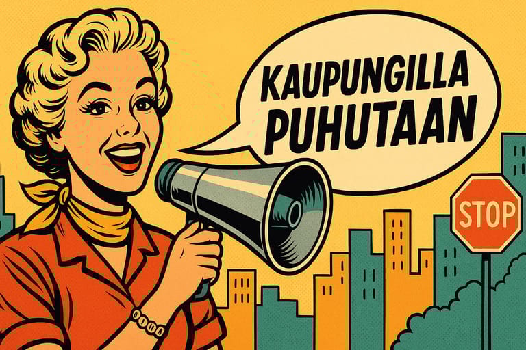 Retrotyylinen kuvitus iloisesta naisesta megafonin kanssa. Taustalla näkyy kaupunki ja puhekuplassa teksti ”Kaupungilla puhutaan”.