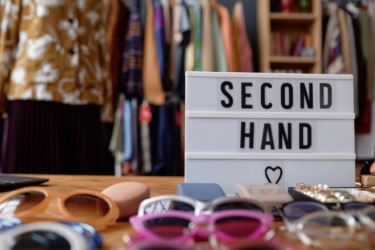 Kirpputorin pöydä, jolla on valokyltti jossa lukee second hand, ja pöydällä on erilaisia aurinkolaseja ja taustalla on vaaterekillinen vaatteita.