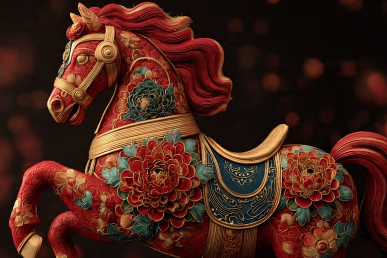 Koristeellinen punainen hevospatsas, jossa on näyttäviä kukkakuvioita ja kultaisia yksityiskohtia tummalla taustalla.