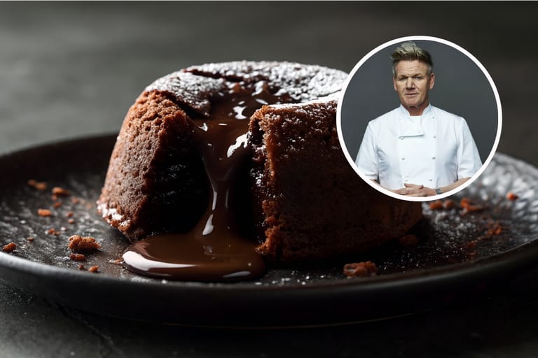 Suklaafondant, josta valuu sulaa suklaata, mustalla lautasella; kuvassa on myös pieni pyöreä muotokuva kokkitakissa olevasta Gordon Ramsaysta.