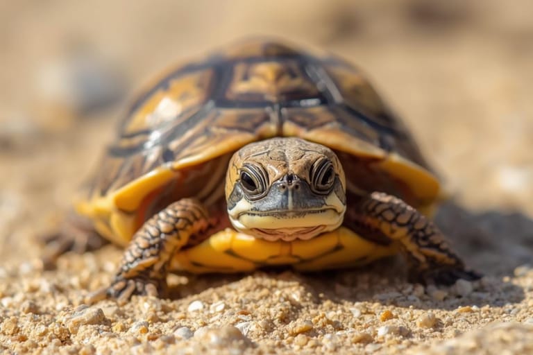 Kilpikonna etenee hiekkapohjalla kameraa kohti, keltaruskea kuori ja suuret silmät tarkasti näkyvissä lähikuvassa.
