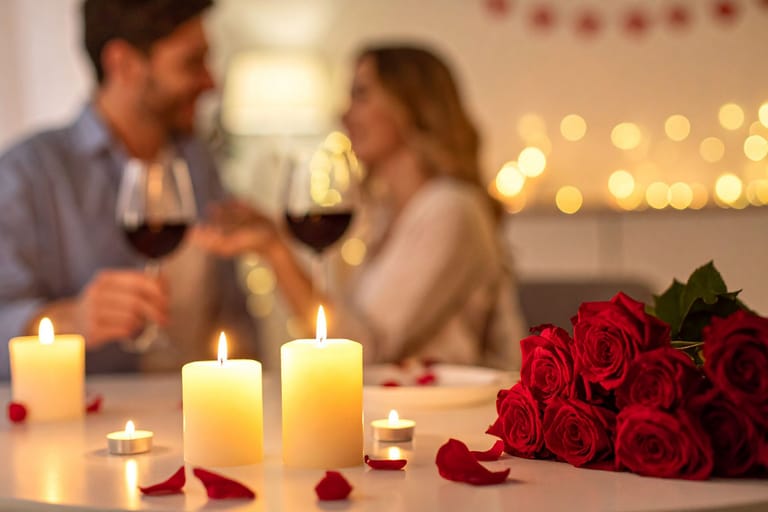 Pöydälle asetetut palavat kynttilät ja punainen ruusukimppu etualalla, taustalla epätarkkana pariskunta kilistää punaviinilaseja romanttisessa valaistuksessa. Pöydällä on myös ruusun terälehtiä ja pieniä tuikkukynttilöitä.