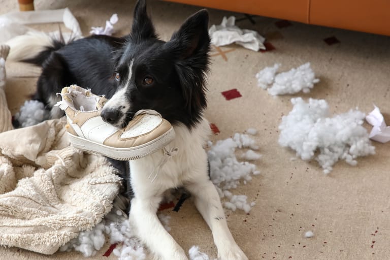 Mustavalkoinen koira makaa lattialla kenkä suussaan, ympärillä revittyä pehmustetta ja sotkua.