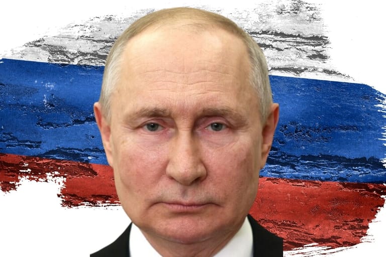 Vladimir Putin Venäjän presidentti muotokuvassa Venäjän lipun edessä 2026