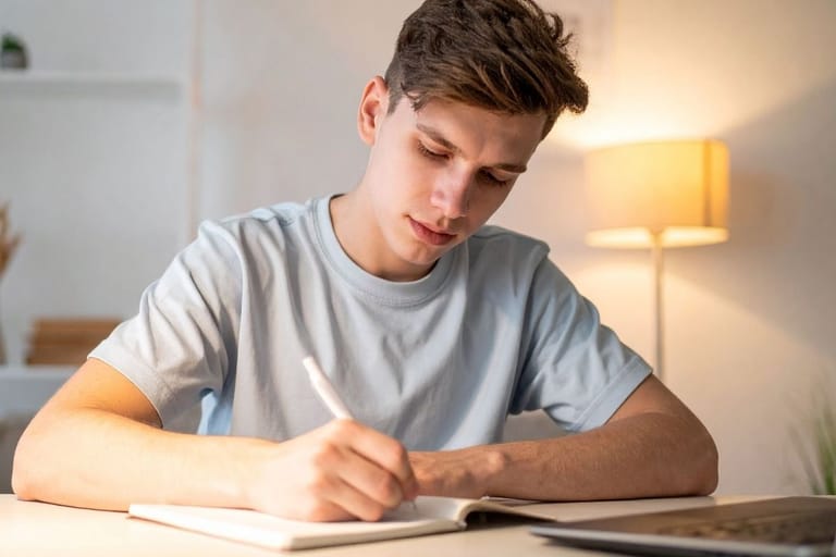 nuori mies kirjoittaa vihkoon rauhallisessa ympäristössä ahdistuksen hallintaharjoitusta