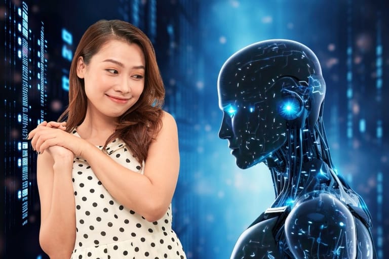 Nuori nainen hymyilee ujosti katsoessaan kohti hehkuvaa tekoälyrobottia – tekoälyyn rakastuminen yleistyvänä ilmiönä.