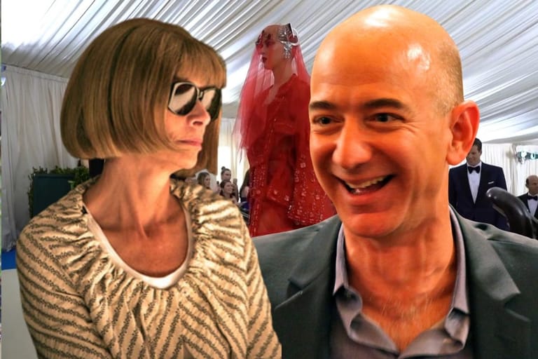 Vogue-lehden Anna Wintour aurinkolaseissaan ja Amazonin perustaja Jeff Bezos Met Gala -tapahtuman tunnelmissa.