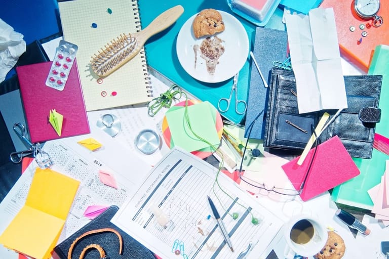 Sotkuinen työpöytä täynnä muistilappuja, kahvikuppeja ja tavaroita – luova kaaos ja epäjärjestys