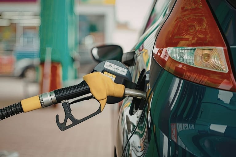 Keltainen polttoainepistooli autoon työnnettynä huoltoasemalla — suomalaisen bensanhinnan rakenteesta 70 prosenttia on veroja jotka eivät reagoi öljyn maailmanmarkkinahintoihin