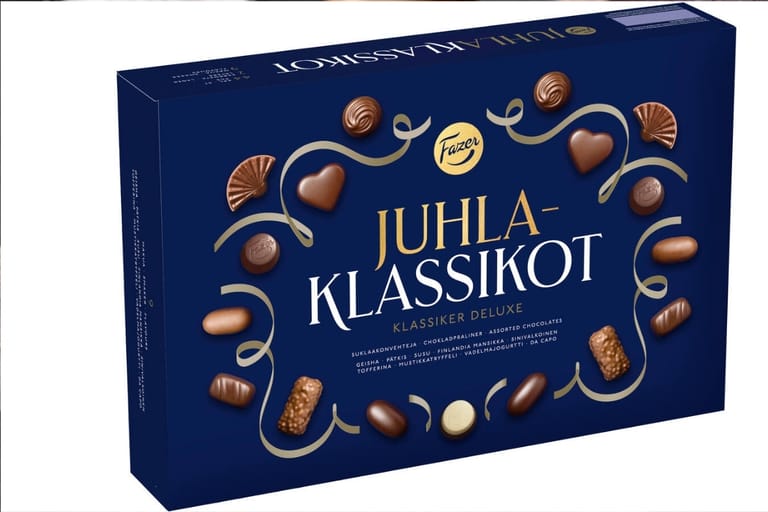 Fazerin sininen Juhlaklassikot-konvehtirasia, jonka kannessa on kultaiset koristeet ja luettelo rasian suklaakonvehtimauista.