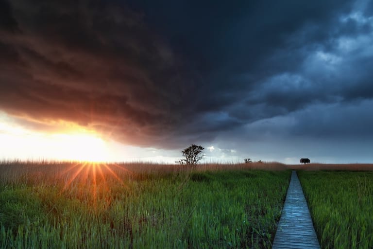 Dramaattiset ukkospilvet ja kirkas auringonpaiste suomalaisella niityllä, lankkupolku johtaa horisonttiin.