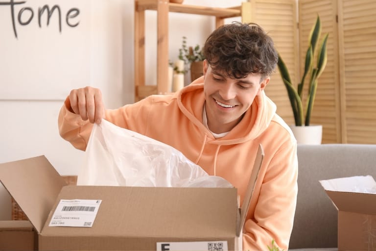 Verkkokaupasta tilatun paketin avaaminen kotona.
