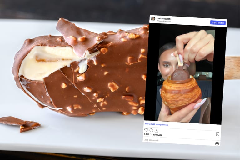 Älyhelppo jäätelöniksi. Taustalla Magnum-puikko, edessä kuvakaappaus Instagram-postauksesta.