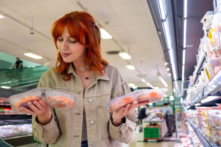 Nainen vertailee pakattuja elintarvikkeita ruokakaupassa.