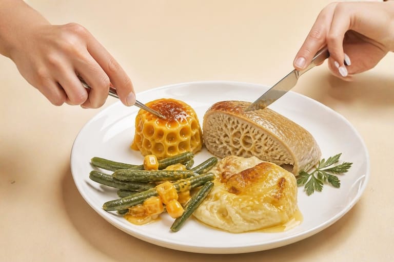 Tekoälyllä luotu ruoka-annos, jossa näkyy vihreitä papuja, kastiketta ja epätavallisen muotoisia ruokia valkoisella lautasella.