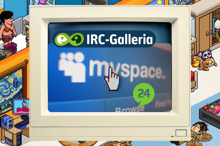Vanha kuvaputkinäyttö, jossa näkyvät IRC-Galleria ja MySpace Habbo-huoneen keskellä.