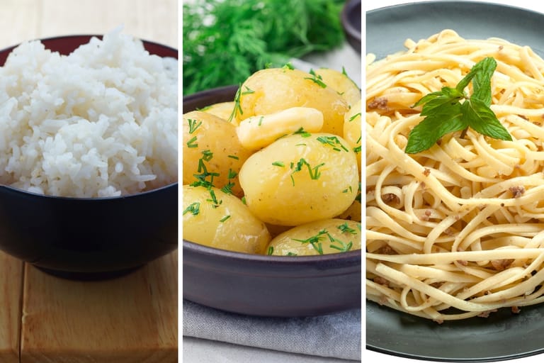 Keitettyä riisiä, perunoita ja pastaa kolmessa vierekkäisessä kuvassa.