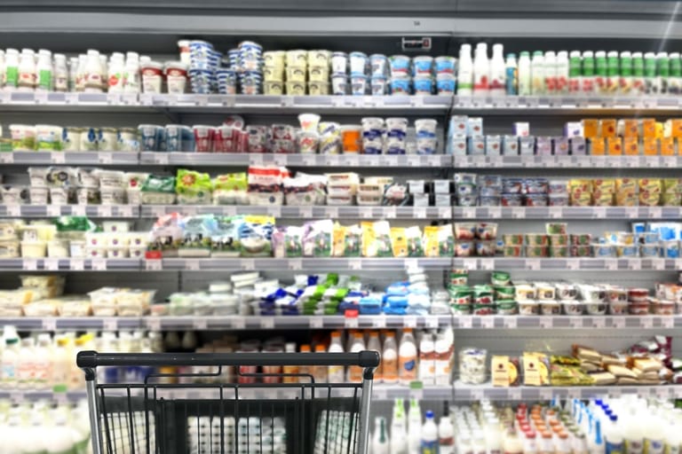 Ostoskärry ruokakaupan maitotuotteita ja kasvipohjaisia tuotteita sisältävän kylmähyllyn edessä