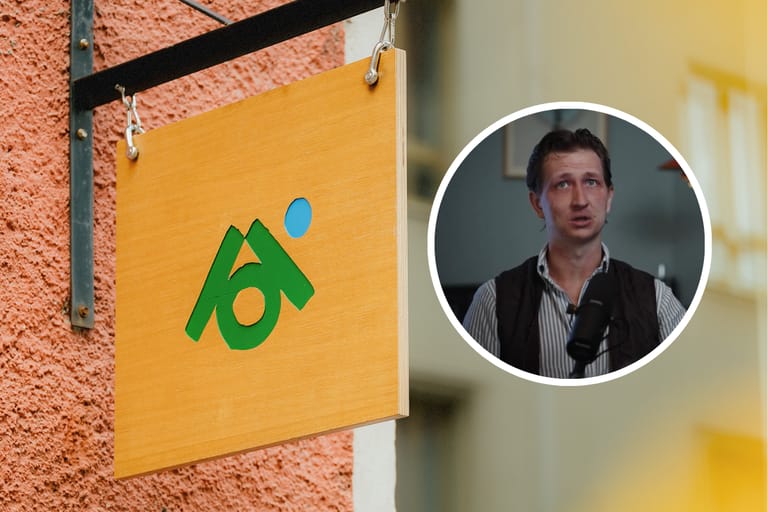 Taustalla ravintola AOIn logo ja edellä Olli Ruotsalainen.