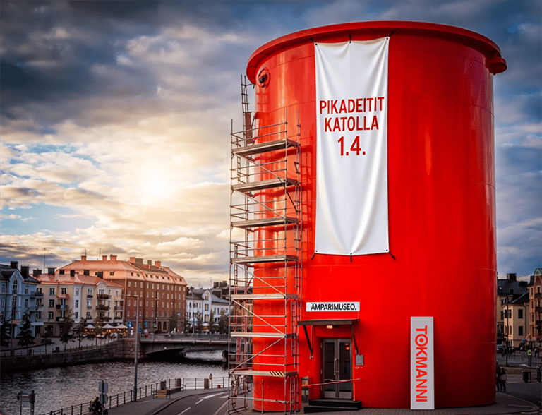 Tokmannin aprillipila: valtava punainen ämpärimuseo Mäntsälässä, katolla pikadeitit 1.4.