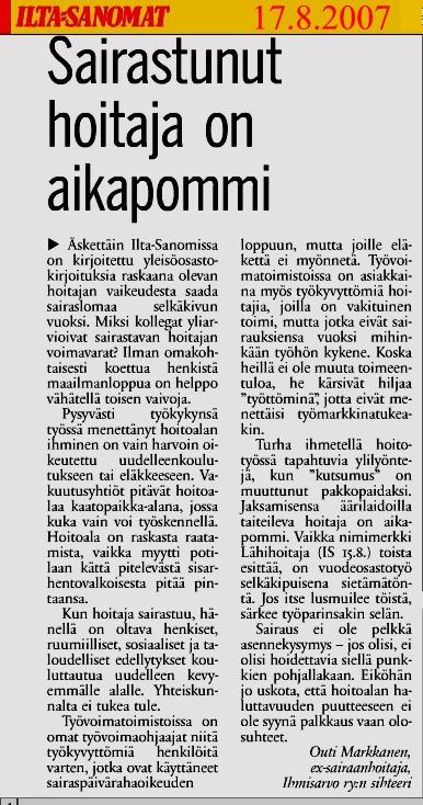 Sairastunut sairaahoitaja ja ammattiliiton/työnantajan tuki