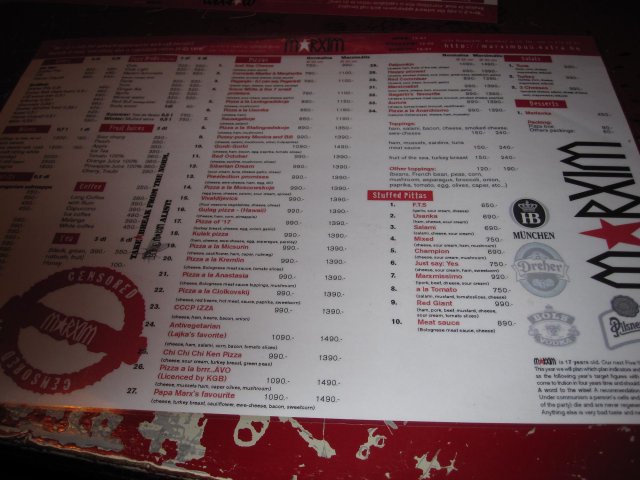 Marximin ruokalista, Budapest.