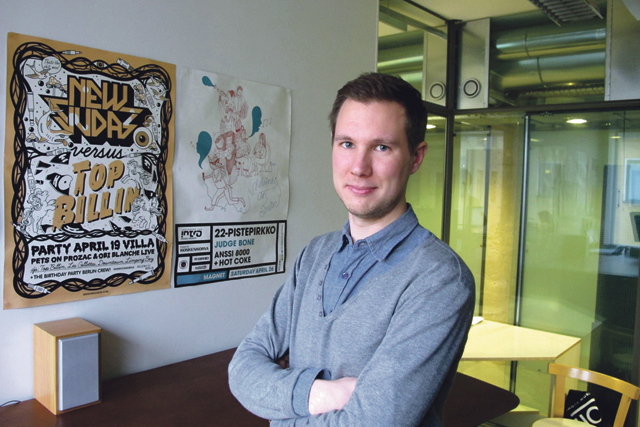 Tuomon työpaikka on Music Export Finlandin toimisto Helsingin Kaartinkaupungissa.