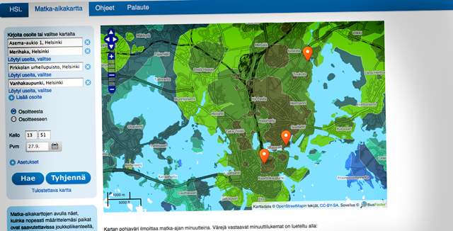 Matka-aikakartta kertoo, missä ovat julkisen liikenteen sukkelimmat tai pimeimmät pisteet.