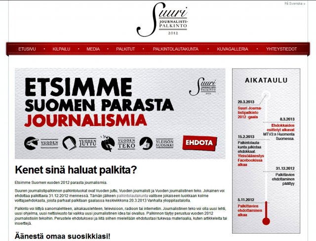 Suurin journalismipalkinto vuonna 2012 menee....