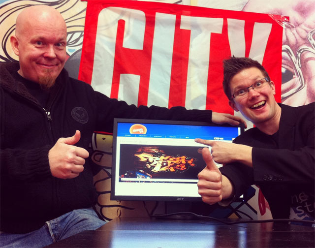 Toimitusjohtajat tyytyväisinä. MoonTV:n Jarkko Koskinen (vas.) ja Cityn Ilkka Lavas lähtevät innolla yhteistyöhön.