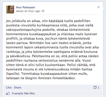 Anu Palosaaren sekoilua Fobban Facebook-seinällä. https://www.facebook.com/anu.palosaari/posts/10201063935784325