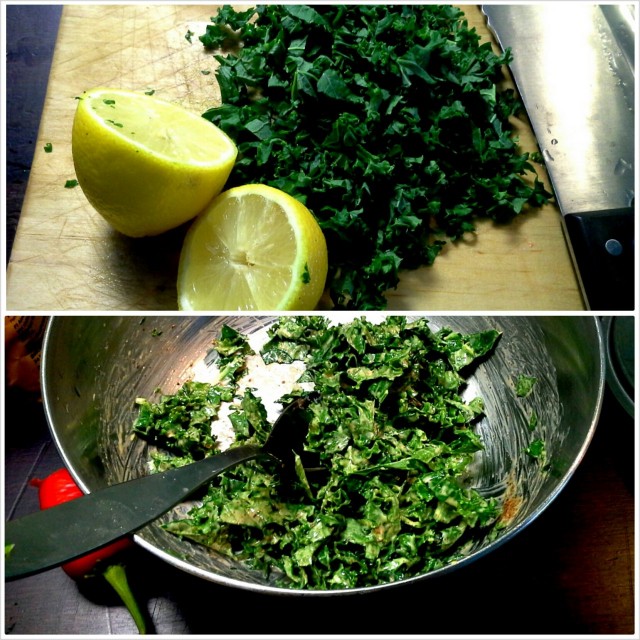 Supernopea Superfood -lisuke: lehtikaalisilppua mantelitahna-sitruunamehu-oliiviöljy-vaahterasiirappikastikkeessa