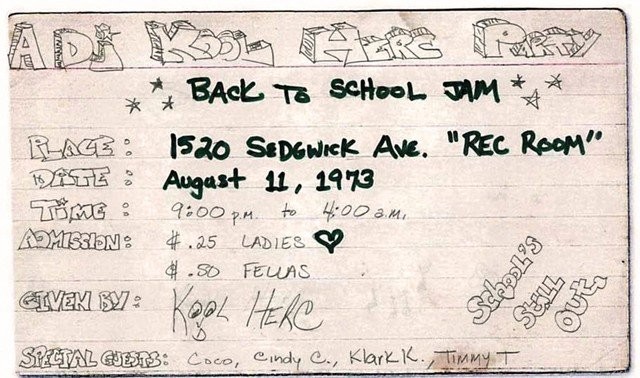 Ensimmäisten hip hop -bileiden flyer vuodelta 1973.