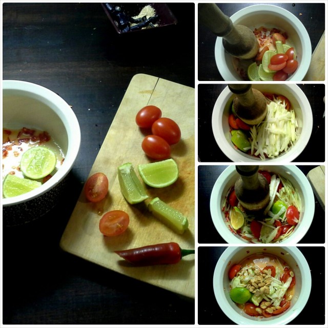 Nuija heilumaan! Ensin chili ja sokeri, sitten vihannekset ja kalakastike. Lopuksi pähkinät.