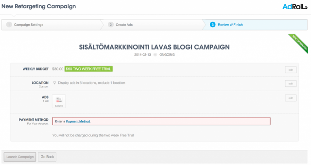 Lisään maksutavaksi luottokortin, niin saan maksettua seurantapikselin nähdeille jälkimarkkinoinnilla kohdennetut display mainokset.