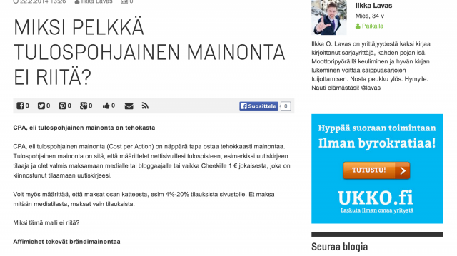 Ukko.fi aloitti tulospohjaisella mainonnalla, mutta on alkanut mainostamaan brändiänsä ja lisäämään palvelun tunnettuutta relevanteissa ympäristöissä. Tähän blogiin mainos näköjään tulee AdExchangen kautta targetoituna.