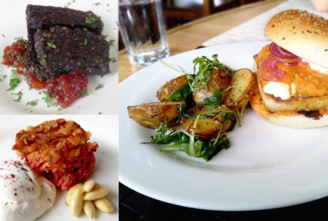 Aterian kingit: haukiburgeri, musta makkara, punajuurikakku.