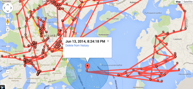Google Maps tietää liikkeistäni ilmeisesti enemmän kuin minä. En muistaakseni ole ollut Ryssäsaaren edustalla veneilemässä. Jollen sitten ole ollut tietämättäni??? Ehkä Google tietää enemmän kuin minä!?!