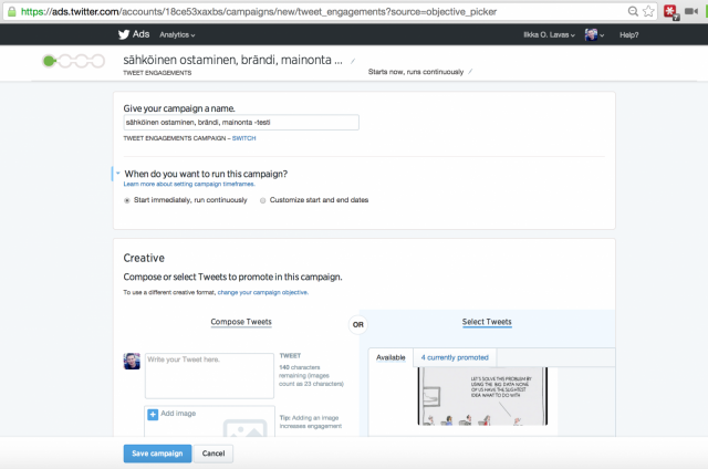 Twitter mainonnassa luodaan ensin mainos.